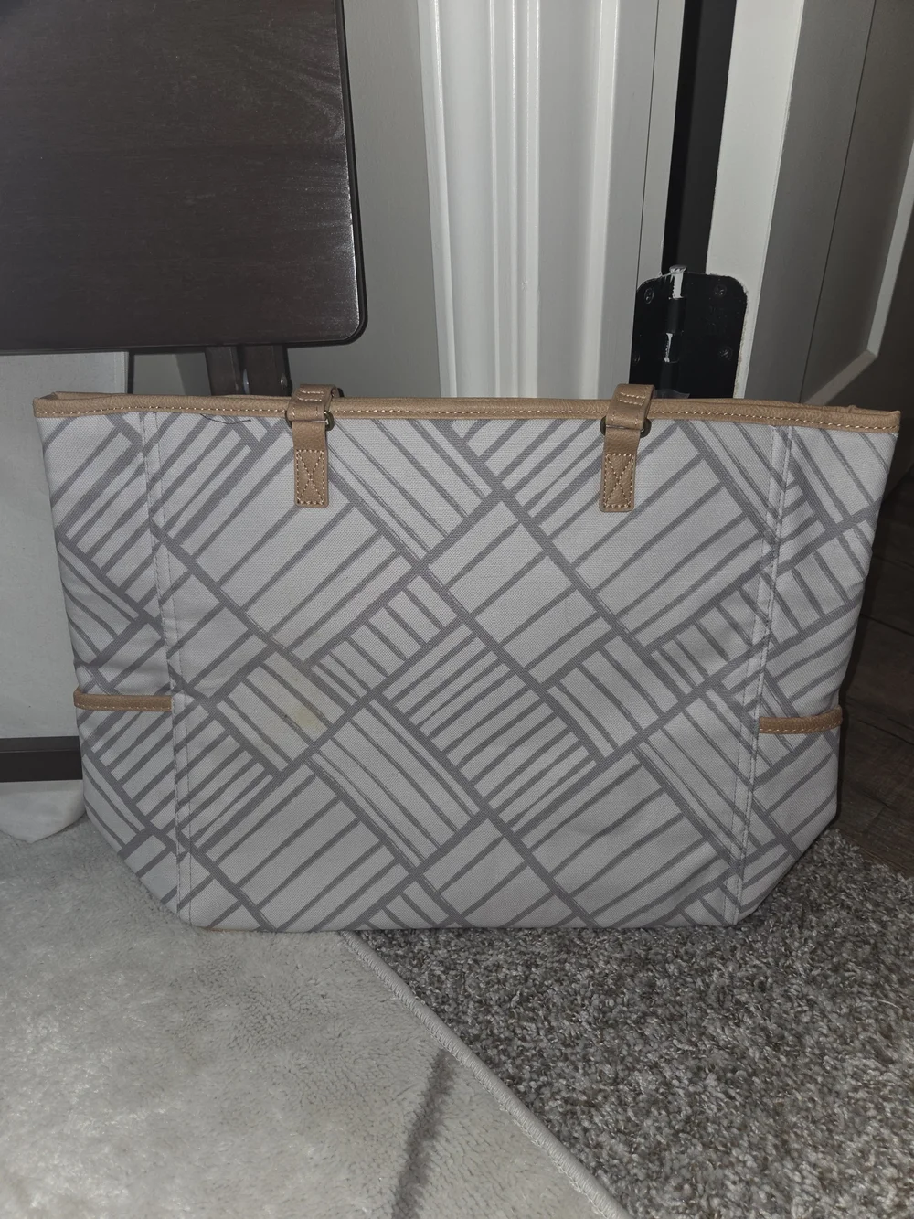 Gray Patterned Tote with Tan Trim